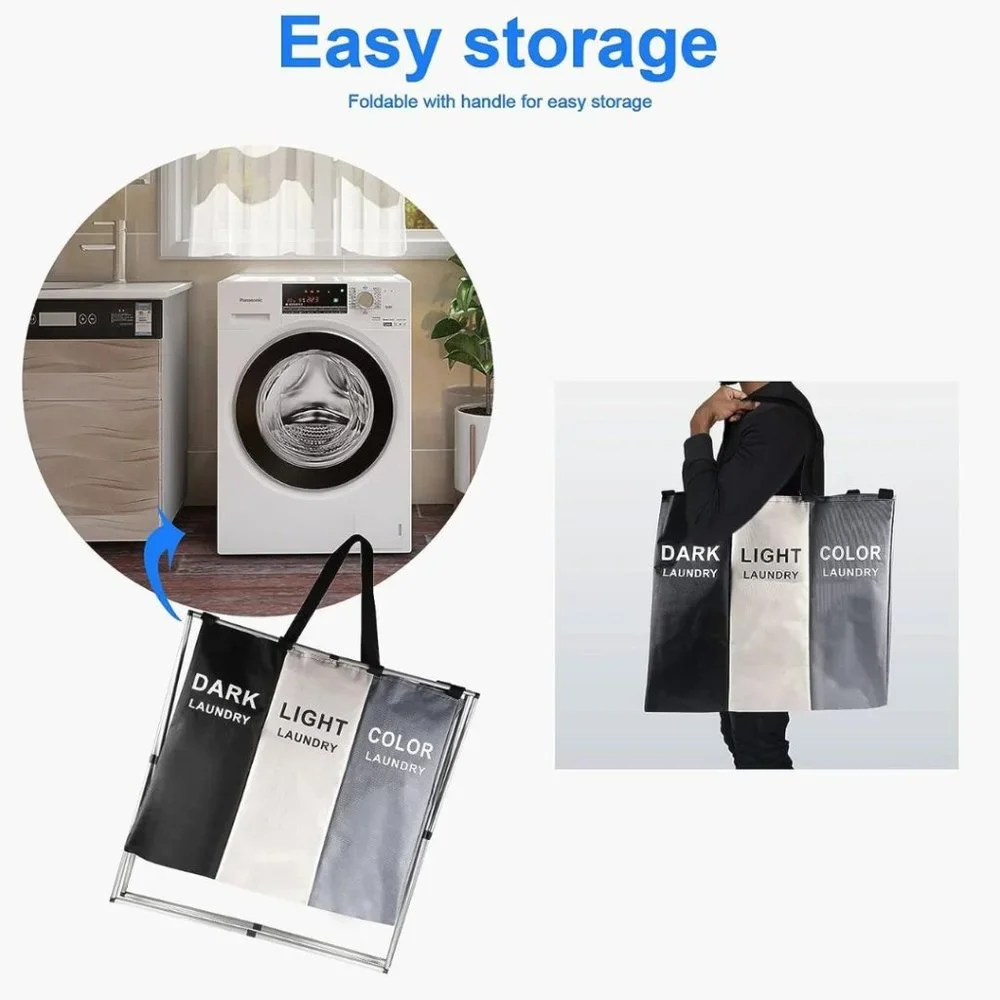 Laundry Cloth Hamper Sorter Basket Bag Bin Foldable 3 Sections Aluminum Frame